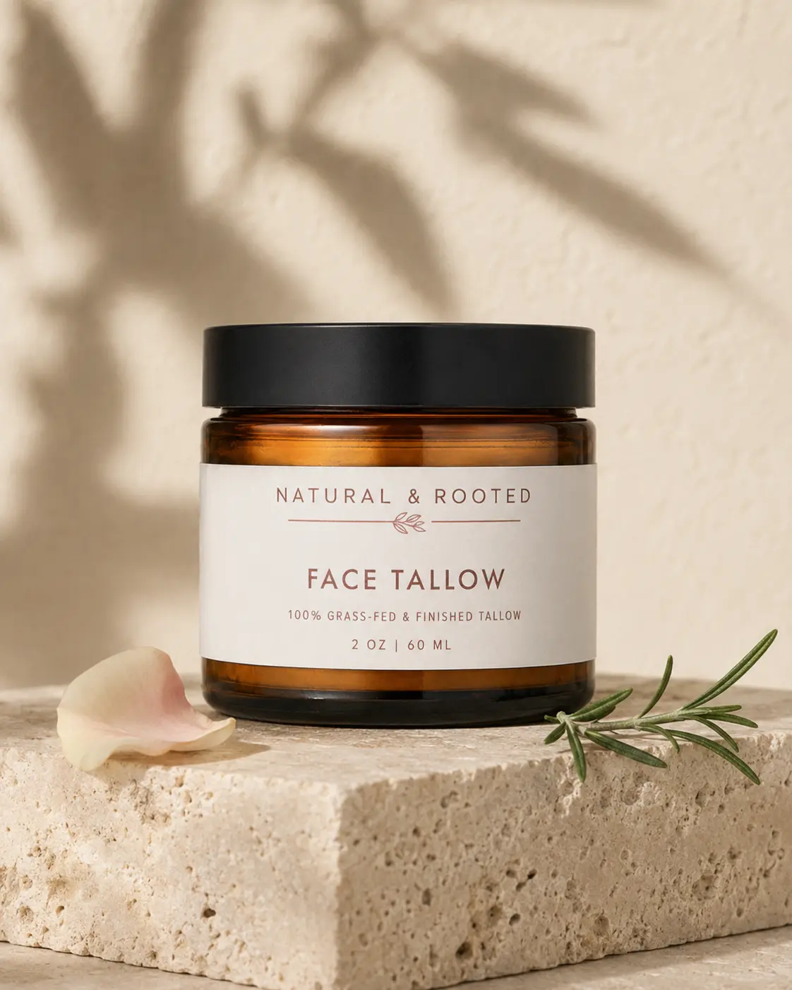 Natural and Rooted Face Tallow photographed on limestone with rose and rosemary